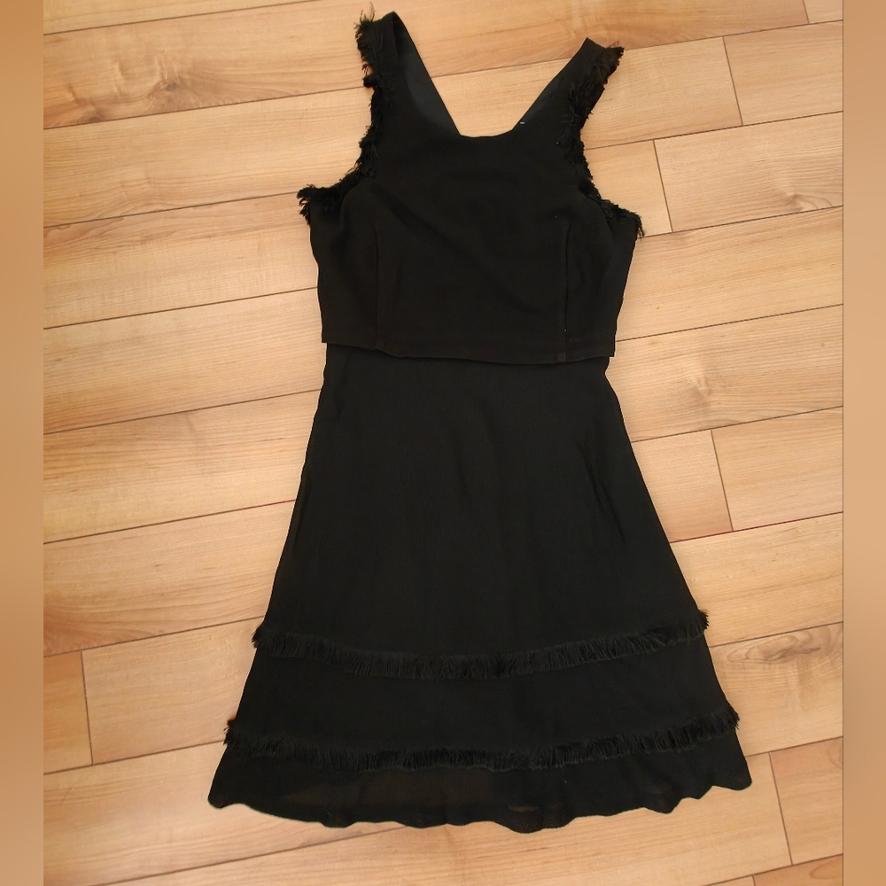 Sandro Little Black Mini Sleeveless Dress Fringe And Mesh Detail Size 1 - Picture 2 of 9